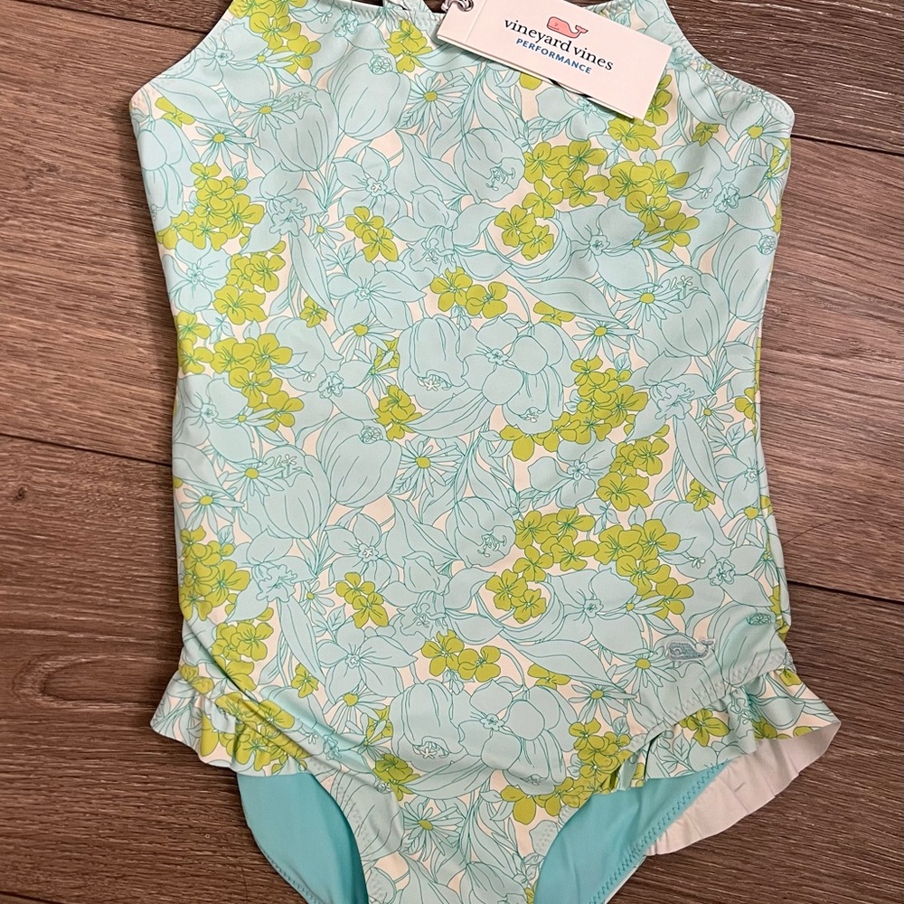 Vineyard Vines Kids Floral Swimsuit - Blue and Green